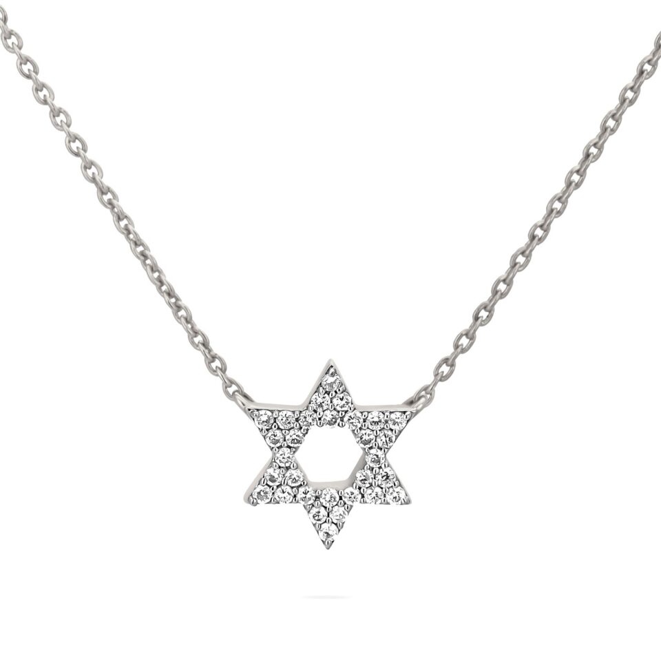 שרשרת ותליון מגן דוד יהלומים מזהב לבן 14 קראט. תכשיטי בר-דור